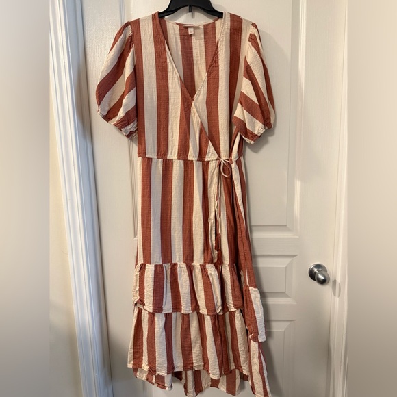 Striped Wrap Dress in Brown and Cream - Picture 2 of 6